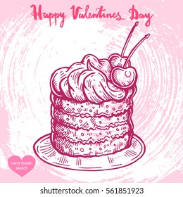 Vector hand drawn illustration of dessert cake with cherry on the background with abstract paper texture.Valentines sweet food on the plate sketch.Linear art in vintage style for design.