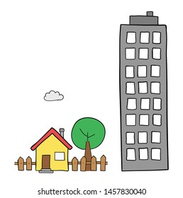 Vector hand drawn illustration of detached house with garden, tree and tall building. Black outlines and colored.