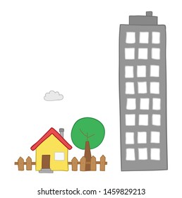 Vector hand drawn illustration of detached house with garden, tree and tall building. Colored outlines and colored.