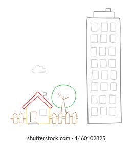 Vector hand drawn illustration of detached house with garden, tree and tall building. Colored outlines and white background.