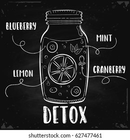 Vector hand drawn illustration. A detox jar is drawn on the chalk Board. The idea for a cafe, restaurant, poster.