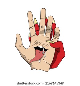 Vector Hand Drawn Illustration With Devil Mouth Long Tongue