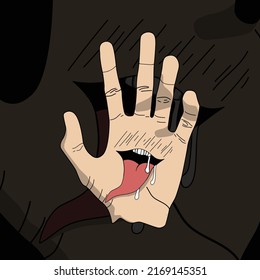 Vector Hand Drawn Illustration With Devil Mouth Long Tongue