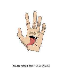 Vector Hand Drawn Illustration With Devil Mouth Long Tongue