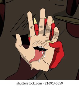 Vector Hand Drawn Illustration With Devil Mouth Long Tongue