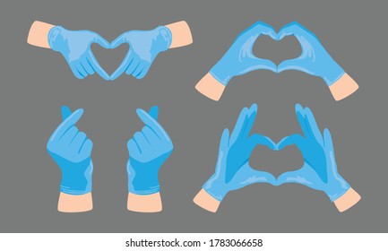 Vector hand drawn illustration of different heart shape signs of hands wearing blue medical latex gloves.