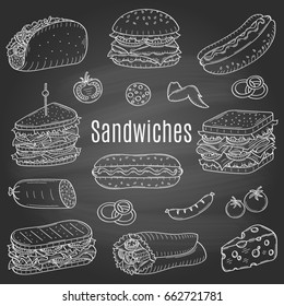 Vector  Hand Drawn Illustration Of Different Types Of Sandwiches, Burger, Hot Dog, Club Sandwich, Taco, Hamburger, Panini, Wrap Sandwich Isolated On Chalkboard Background, Doodle, Sketch Style.