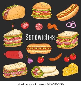 Vector  Hand Drawn Illustration Of Different Types Of Sandwiches, Burger, Hot Dog, Club Sandwich, Taco, Hamburger, Panini, Wrap Sandwich Isolated On Black Background, Doodle, Sketch Style.