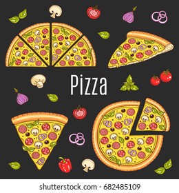 Vector  hand drawn illustration of different types of sandwiches, burger, hot dog, club sandwich, taco, hamburger, panini, wrap sandwich isolated on black background, doodle, sketch style.