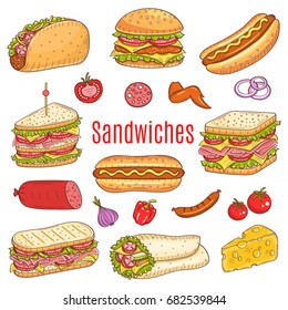 Vector  Hand Drawn Illustration Of Different Types Of Sandwiches, Burger, Hot Dog, Club Sandwich, Taco, Hamburger, Panini, Wrap Sandwich Isolated On White Background, Doodle, Sketch Style.