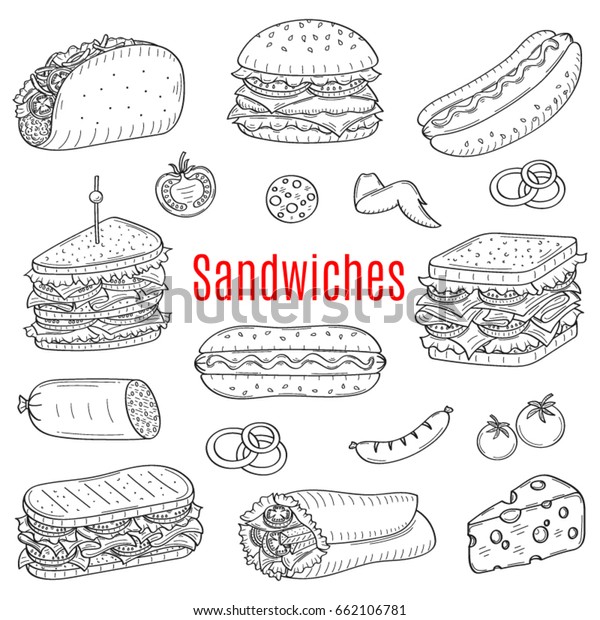 白い背景にさまざまな種類のサンドイッチ ハンバーガー ホットドッグ クラブサンドイッチ タコス ハンバーガー パニニ ラップサンドイッチ 落書き スケッチスタイルのベクター手描きのイラスト のベクター画像素材 ロイヤリティフリー