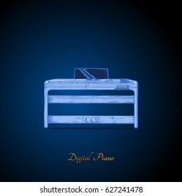 Vector hand drawn illustration of digital piano on dark blue background. front view.