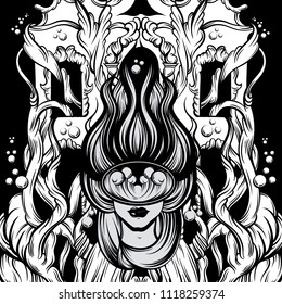 Vector hand drawn illustration of diver under water with detailed old building . Template for card, poster. banner, print for t-shirt, pin, badge, patch.