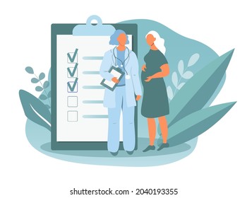 vector hand drawn illustration. doctor talking to pregnant woman. trending flat illustration on pregnancy and motherhood for magazines, websites, apps