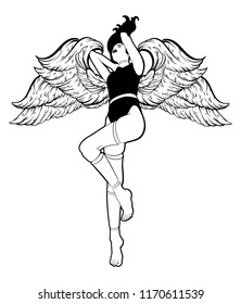 Vector hand drawn illustration of a doll with wings. Surreal tattoo artwork. Template for card, poster, banner, print for t-shirt, pin, badge, patch.