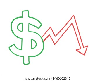 Vector hand drawn illustration of dollar symbol with arrow moving down. Colored outlines and white background.