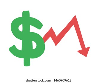 Vector hand drawn illustration of dollar symbol with arrow moving down. Colored flat style.