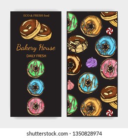Vector hand drawn illustration donut. Vintag card menu with bagels for bakery shop.