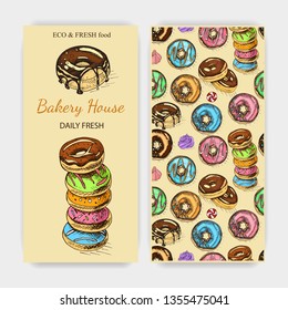 Vector hand drawn illustration donut. Vintag card menu with bagels for bakery shop.