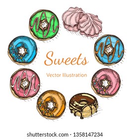Vector hand drawn illustration donut. Vintag card menu with bagels for bakery shop.