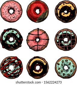 Vector hand drawn illustration of donuts set. Dessert.