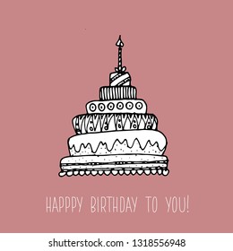 vector hand drawn illustration of  a doodle, cute and funny cake, perfect for a happy birthday card, made in black outlines on a pink background