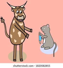 Vector hand drawn illustration in doodle style with symbol of the 2021 year,rat and bull from chinese zodiac with mask,bull takes medical mask from rat cartoon image,new year postcard,calendar design