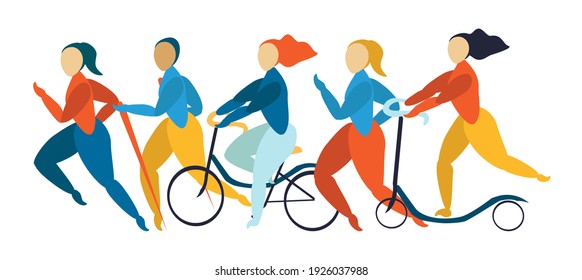 vector hand drawn illustration - doodle on a sports theme. people are engaged in different sports - running,  bicycle, walking. trending flat illustration, doodle, banner for magazines,web, app