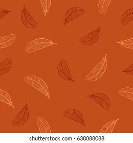 Vector hand drawn illustration. Doodle seamless pattern with feathers in bohemian style. 