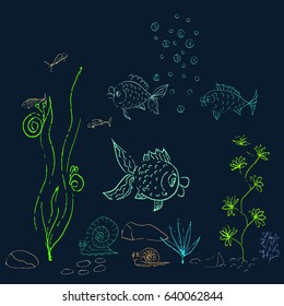 Vector hand drawn illustration. Doodle style. Underwater world with fish, snails, algae. Drawing stylized for children.