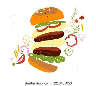 Vector hand drawn illustration of double burger with spices and snacks isolated on white textured background. Good for menu design, chalkboard drawing, banners, special offers etc. Sketch style.