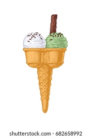 Vector hand drawn illustration of double Ice cream cone with flake in vintage engraved style. isolated on white background.