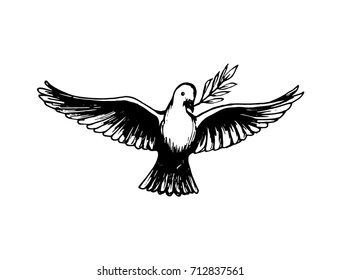 Vector hand drawn illustration of dove with a palm branch on white background. Holiday card with calligraphy. World Peace Day poster.