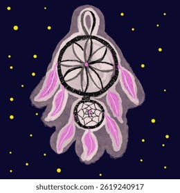 Vector dibujado a mano ilustración de un atrapasueños con plumas. Colector de sueños sobre un fondo azul oscuro con estrellas. Fondo borroso. Dibujo a mano, pluma, red, círculo. Ilustración mágica.