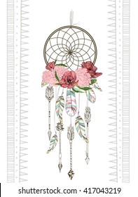 Vector hand drawn illustration of dreamcatcher. Traditional boho chic romantic  decoration, with aztec arrows, feather and flowers. 