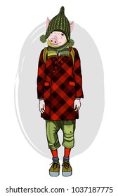 Vector hand drawn illustration of dressed pig 4 