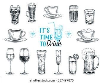 Vector hand drawn illustration with drinks. Sketch.