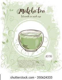 vector hand drawn illustration of drinks menu pages with mug of matcha tea