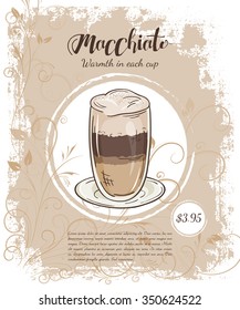 vector hand drawn illustration of drinks menu pages with cup of macchiato