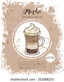 vector hand drawn illustration of drinks menu pages with cup of mocha