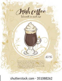 Vector Hand Drawn Illustration Of Drinks Menu Pages With Cup Of Irish Coffee