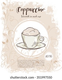 vector hand drawn illustration of drinks menu pages with cup of cappuccino