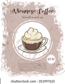 vector hand drawn illustration of drinks menu pages with cup of viennese coffee