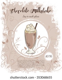 vector hand drawn illustration of drinks menu pages with cup of chocolate milkshake