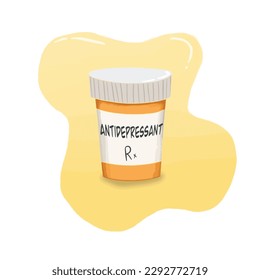 Vector hand drawn illustration, drug bottle. Psychiatric treatment with antidepressants.  Concept design for pharmacology, pharmacy, medicine. Prescription medicine container. Flat vector object