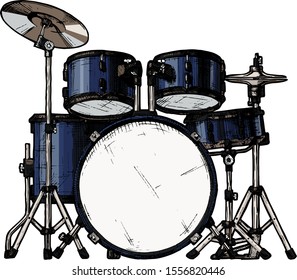 Vector hand drawn illustration of drum kit. isolated on white