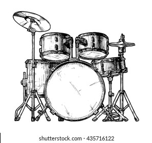 Vector hand drawn illustration of drum kit. isolated on white