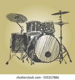 Vector hand drawn illustration of drum kit.