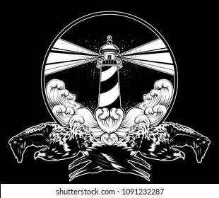 Vector hand drawn illustration of eagles and lighthouse  isolated. Surreal Tattoo artwork wth sea waves.  Template for card, poster, banner, print for t-shirt. 