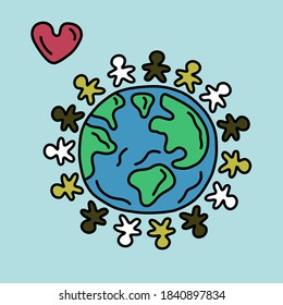 Vector hand drawn illustration with the earth, symbols of differnent people around and heart.
